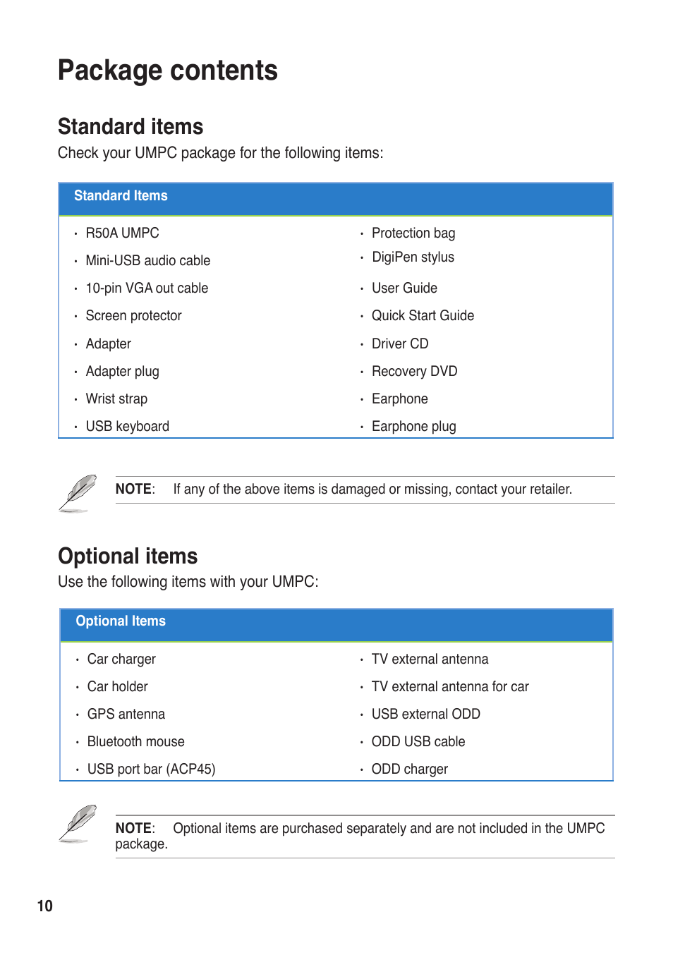 Package contents, Standard items, Optional items | Standard items optional items | Asus R50A User Manual | Page 10 / 76