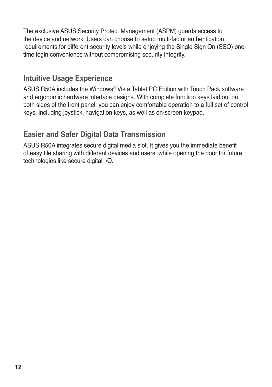 Intuitive usage experience, Easier and safer digital data transmission | Asus R50A User Manual | Page 12 / 76