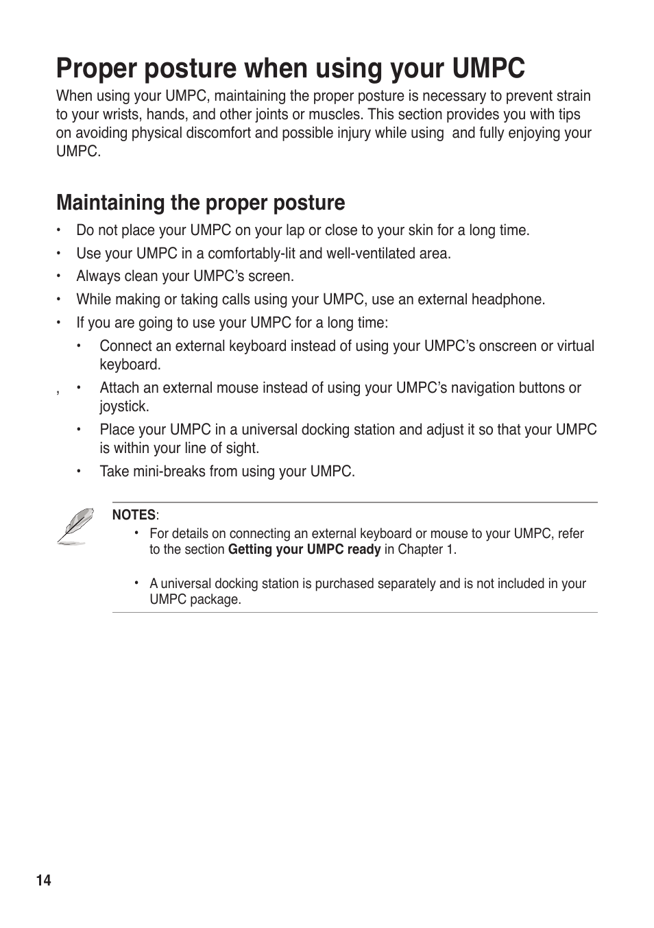 Proper posture when using your umpc, Maintaining the proper posture | Asus R50A User Manual | Page 14 / 76