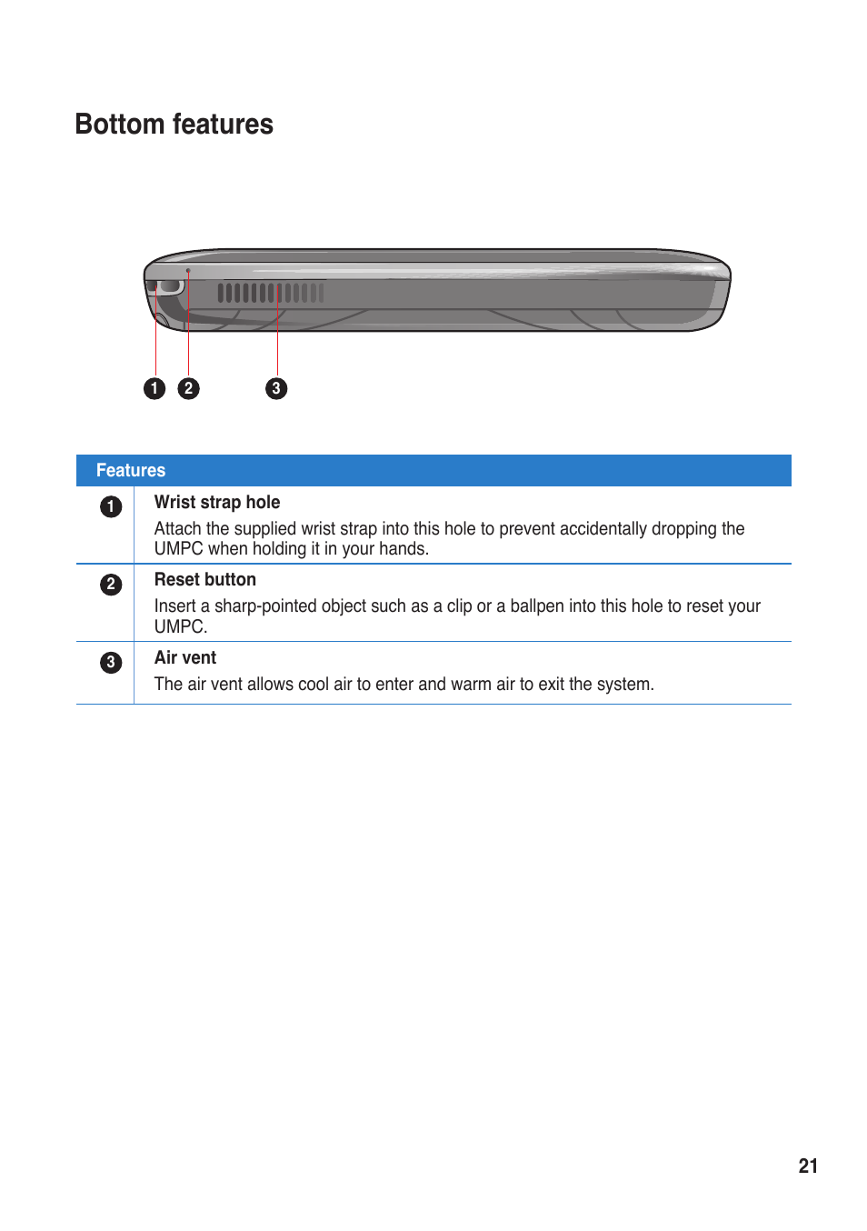 Bottom features | Asus R50A User Manual | Page 21 / 76