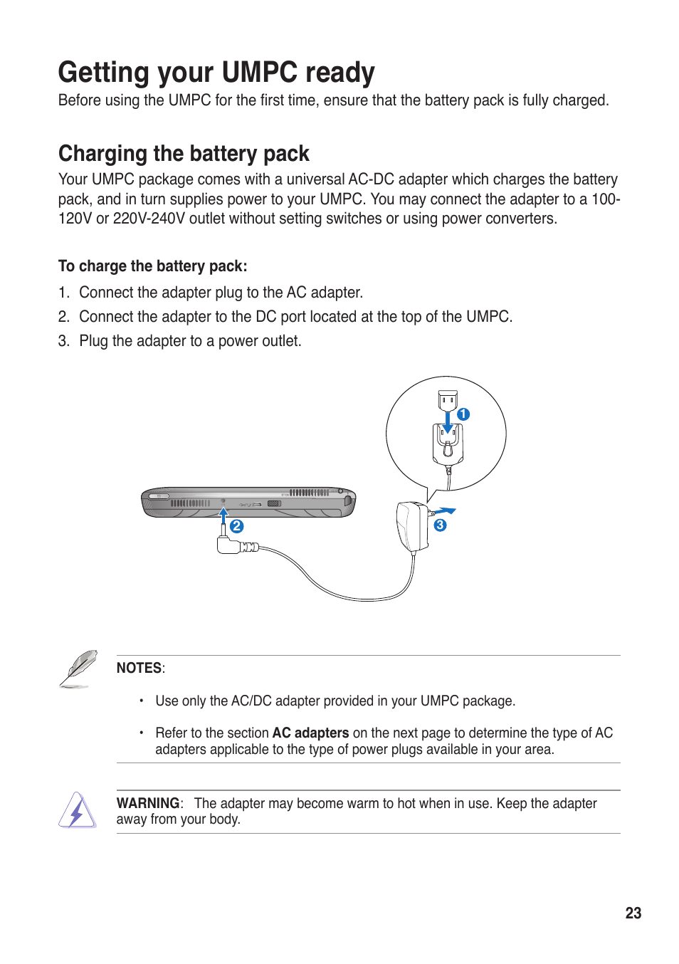 Getting your umpc ready, Charging the battery pack | Asus R50A User Manual | Page 23 / 76