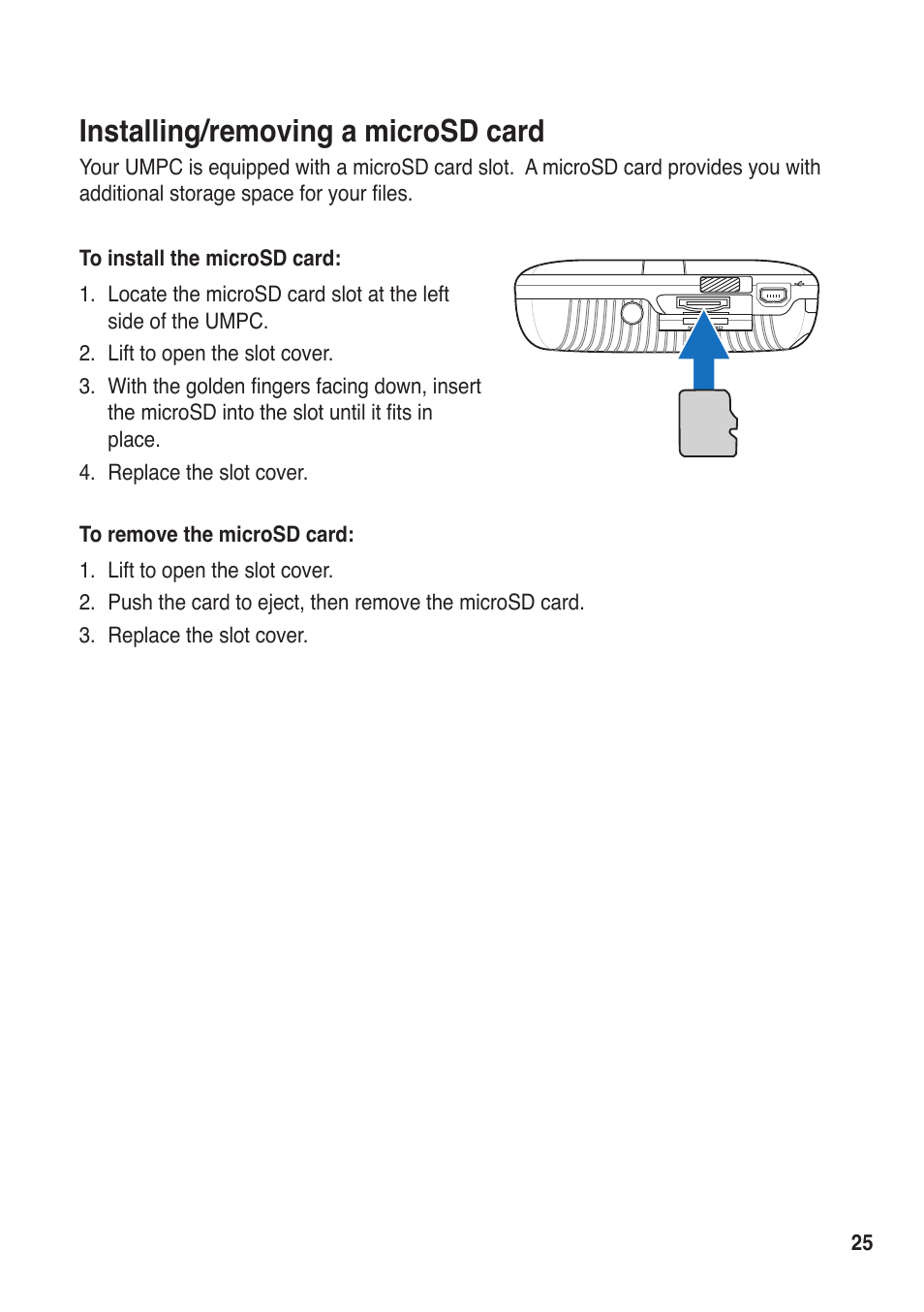 Installing/removing a microsd card | Asus R50A User Manual | Page 25 / 76
