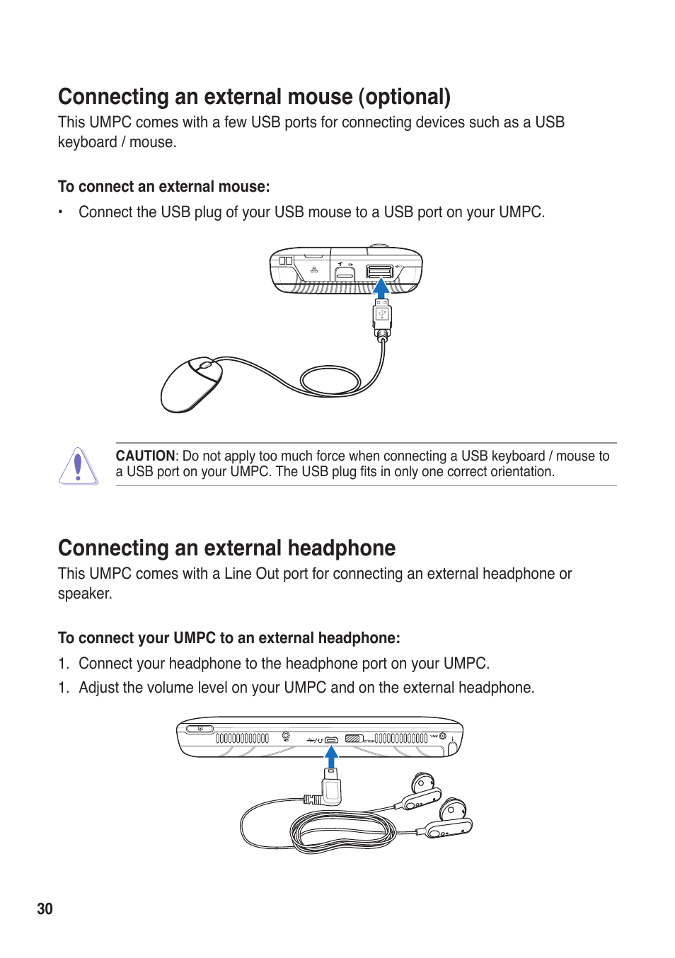 Connecting an external mouse (optional), Connecting an external headphone | Asus R50A User Manual | Page 30 / 76