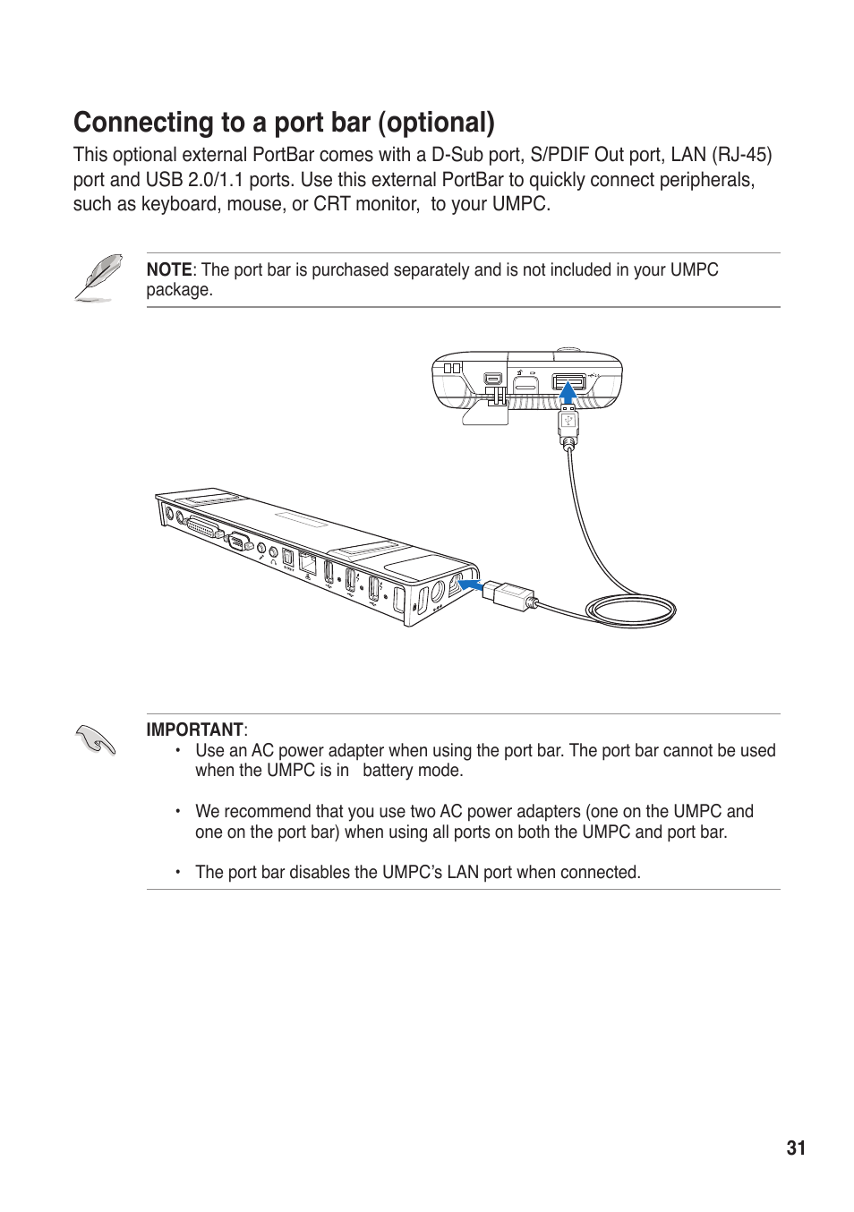 Connecting to a port bar (optional) | Asus R50A User Manual | Page 31 / 76