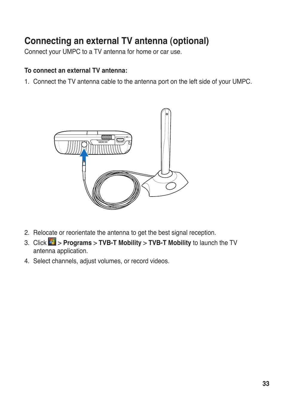 Connecting an external tv antenna (optional) | Asus R50A User Manual | Page 33 / 76