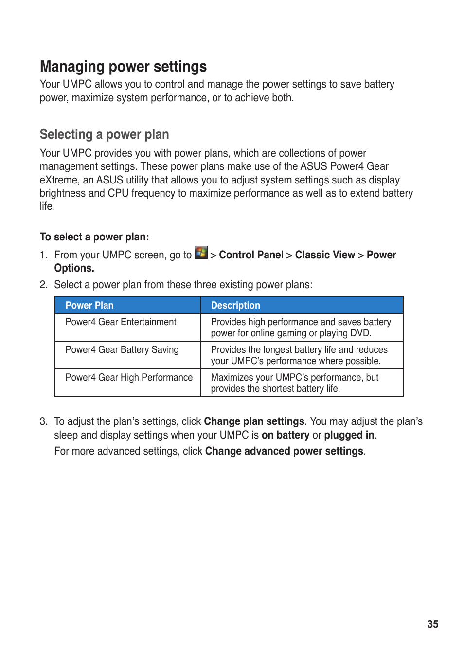 Managing power settings, Selecting a power plan | Asus R50A User Manual | Page 35 / 76