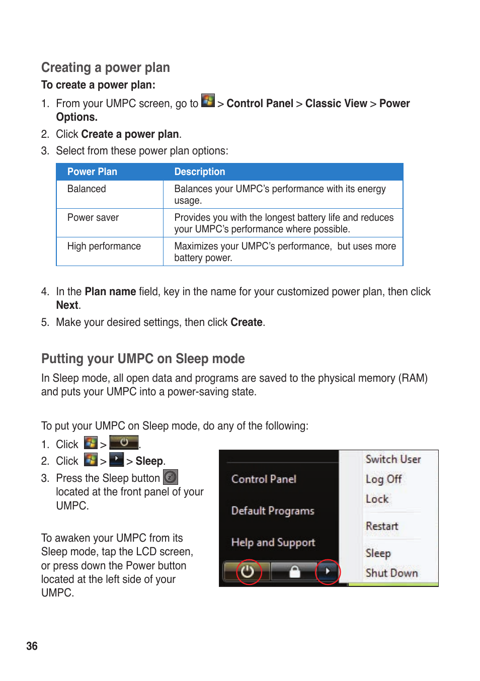 Creating a power plan, Putting your umpc on sleep mode | Asus R50A User Manual | Page 36 / 76