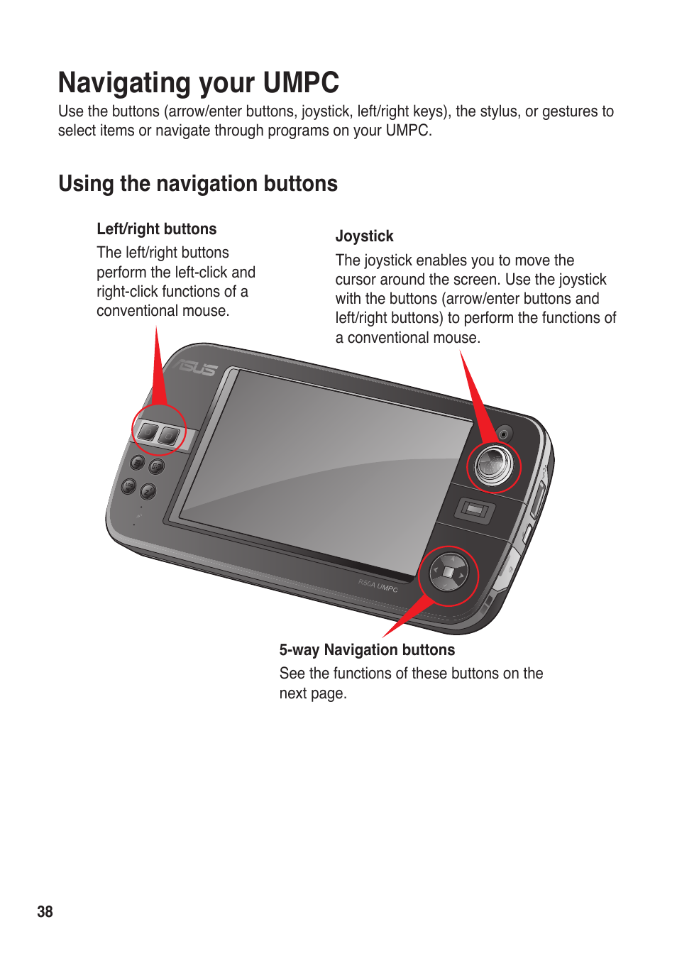 Navigating your umpc, Using the navigation buttons | Asus R50A User Manual | Page 38 / 76