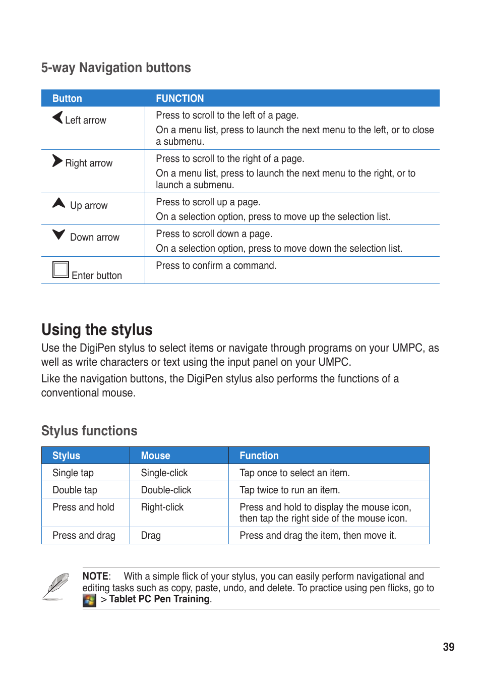 Using the stylus, Stylus functions, Way navigation buttons | Asus R50A User Manual | Page 39 / 76
