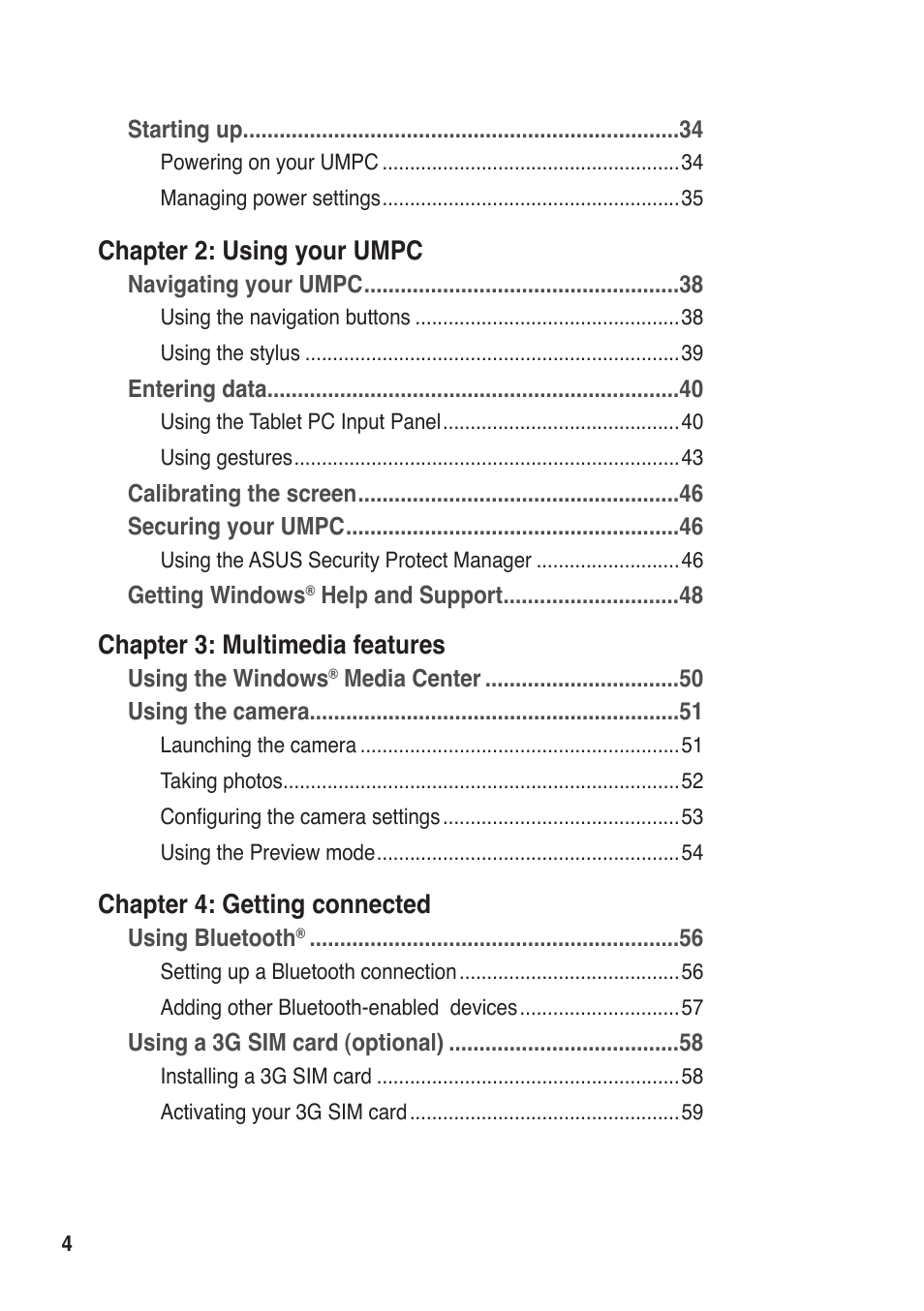 Chapter  : using your umpc, Chapter 3: multimedia features, Chapter 4: getting connected | Asus R50A User Manual | Page 4 / 76