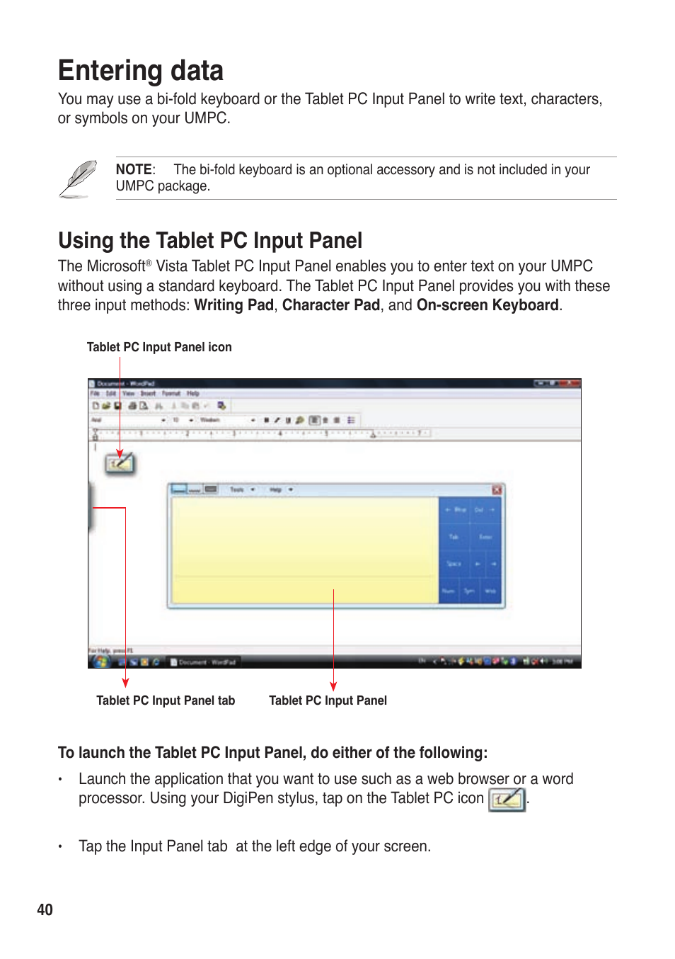 Entering data, Using the tablet pc input panel | Asus R50A User Manual | Page 40 / 76