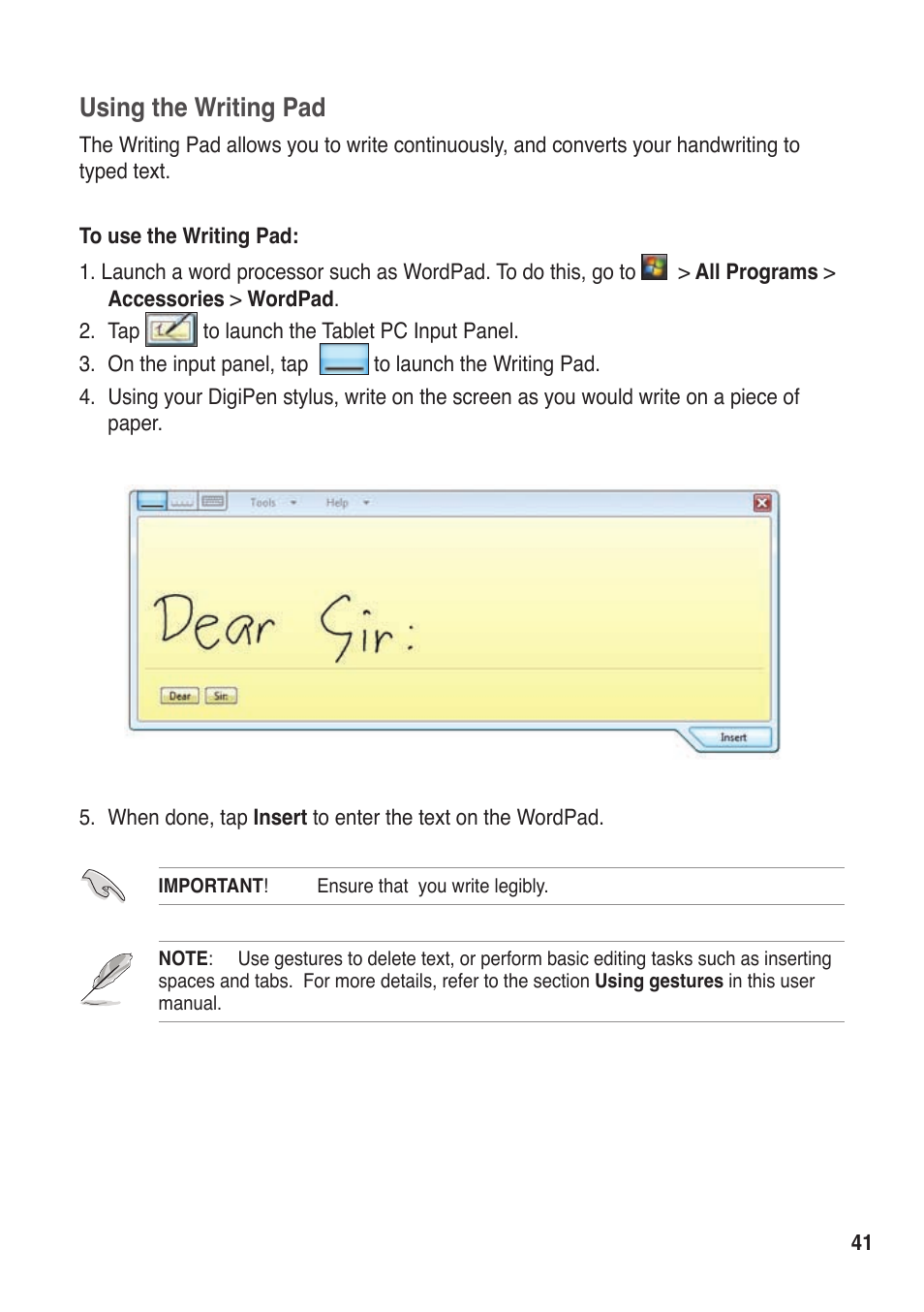 Using the writing pad | Asus R50A User Manual | Page 41 / 76