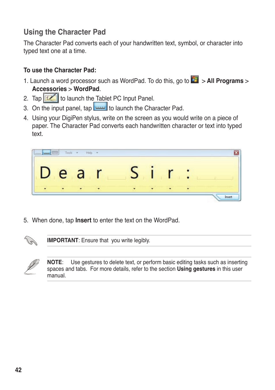 Using the character pad | Asus R50A User Manual | Page 42 / 76