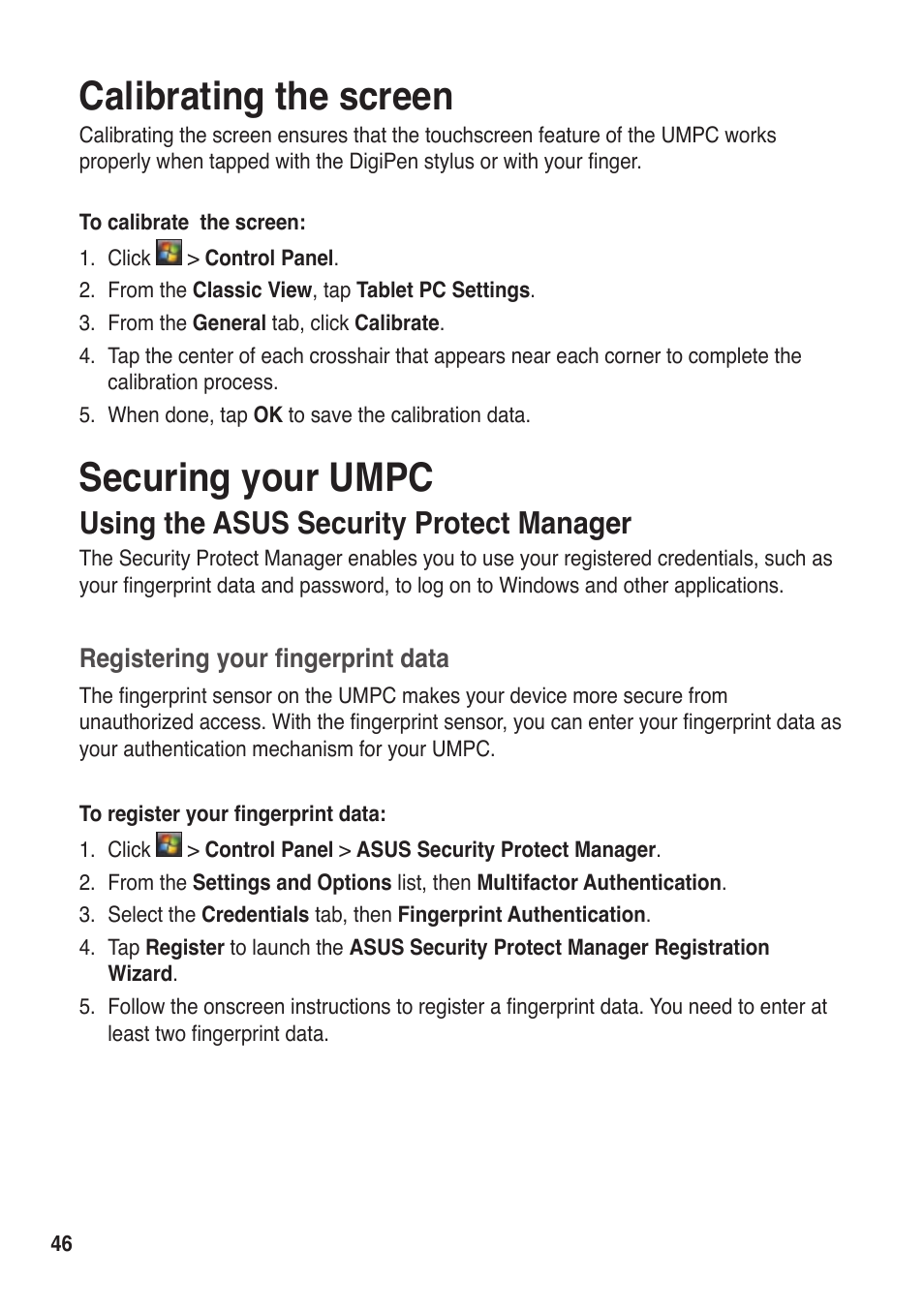 Calibrating the screen, Securing your umpc, Using the asus security protect manager | Asus R50A User Manual | Page 46 / 76