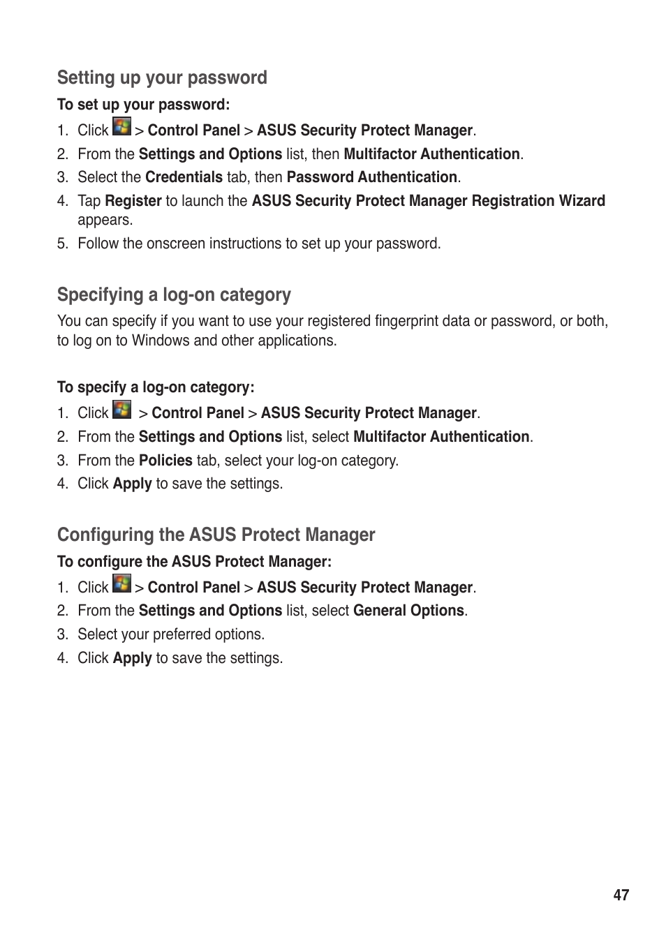 Setting up your password, Specifying a log-on category, Configuring the asus protect manager | Asus R50A User Manual | Page 47 / 76