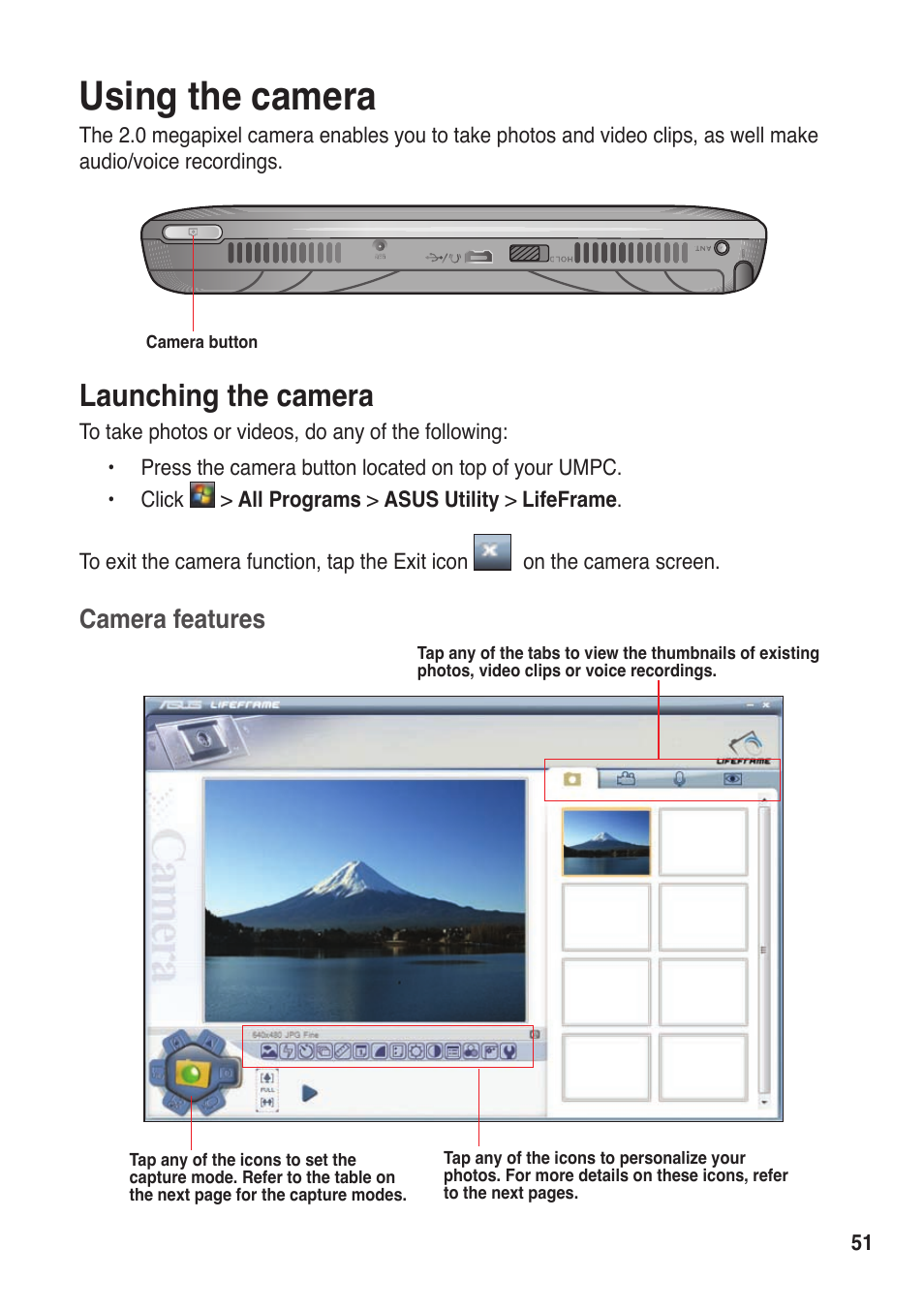 Using the camera, Launching the camera, Camera features | Asus R50A User Manual | Page 51 / 76