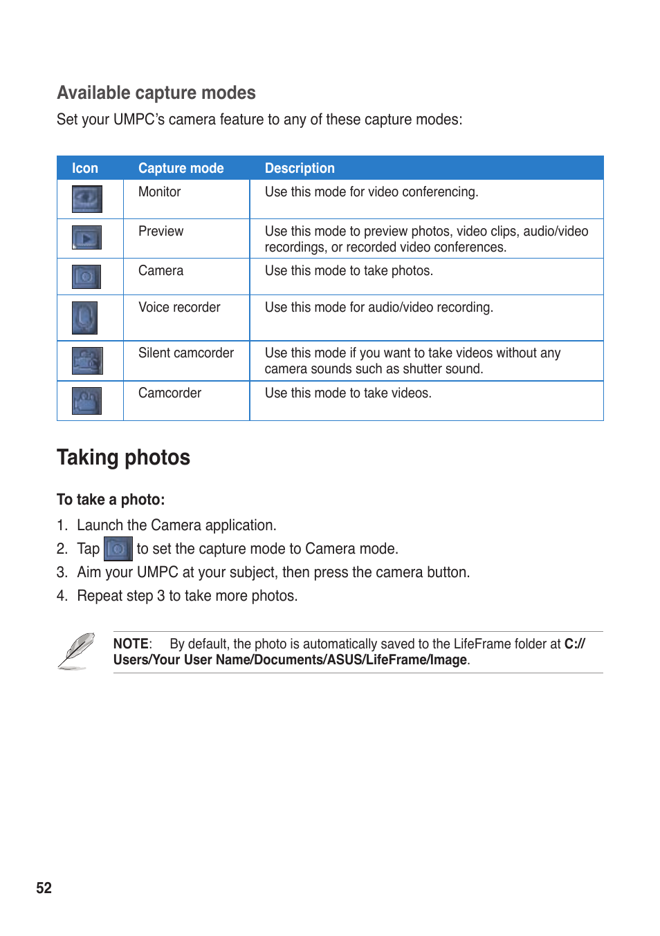 Taking photos, Available capture modes | Asus R50A User Manual | Page 52 / 76