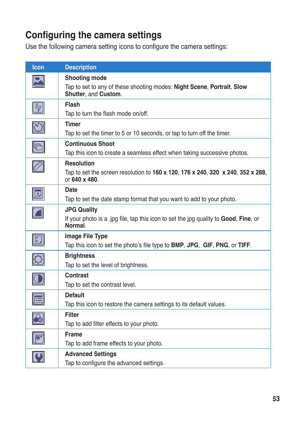 Configuring the camera settings | Asus R50A User Manual | Page 53 / 76