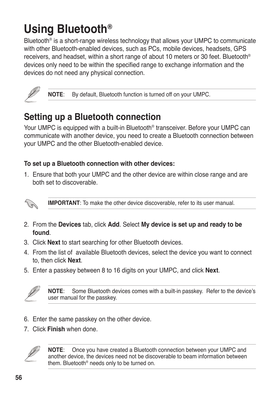 Using bluetooth, Setting up a bluetooth connection | Asus R50A User Manual | Page 56 / 76