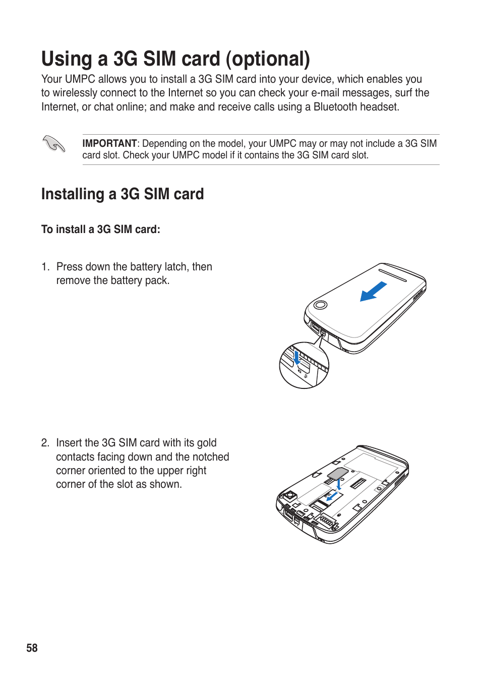 Using a 3g sim card (optional), Installing a 3g sim card | Asus R50A User Manual | Page 58 / 76