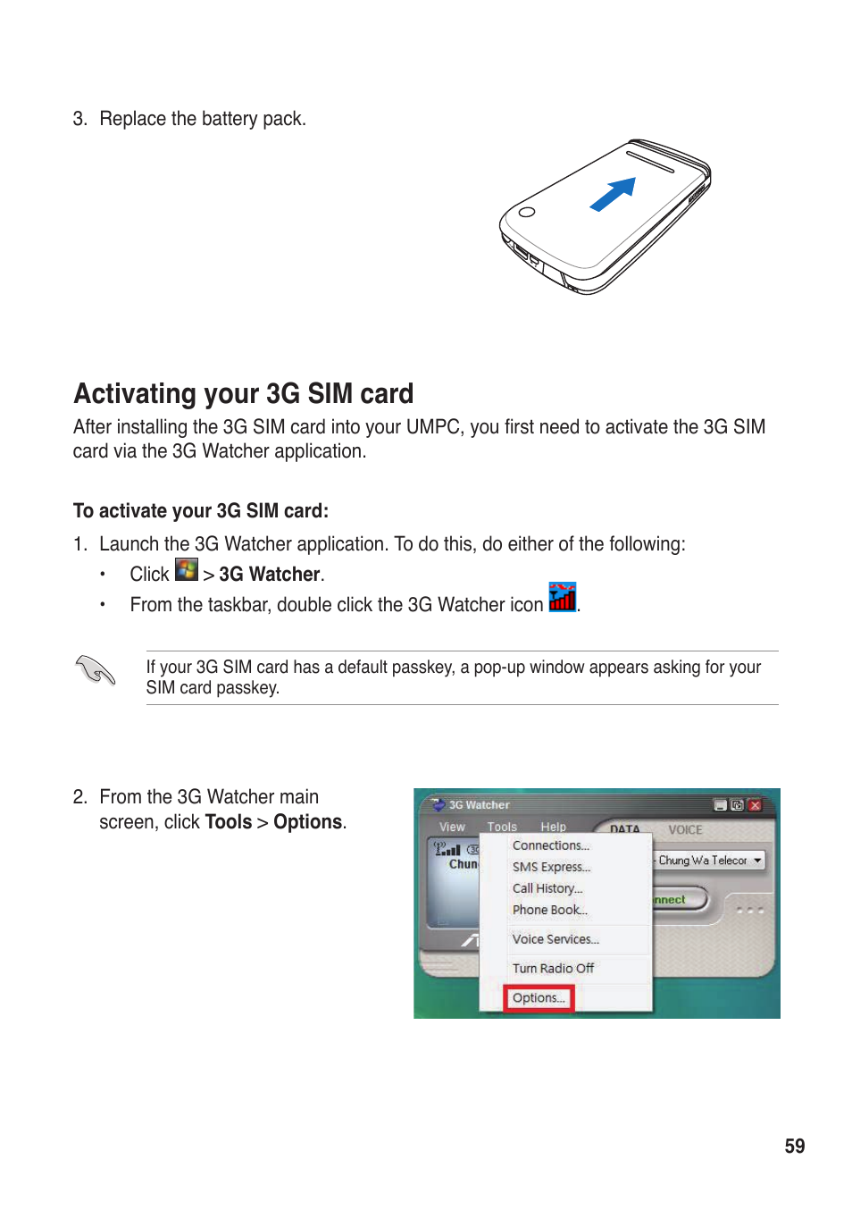 Activating your 3g sim card | Asus R50A User Manual | Page 59 / 76