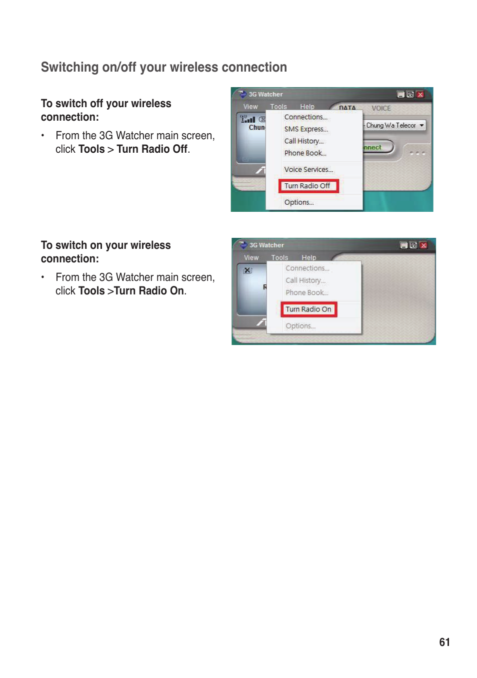 Switching on/off your wireless connection | Asus R50A User Manual | Page 61 / 76