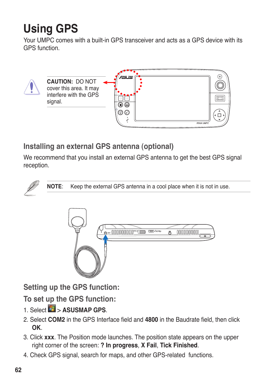 Using gps, Installing an external gps antenna (optional) | Asus R50A User Manual | Page 62 / 76