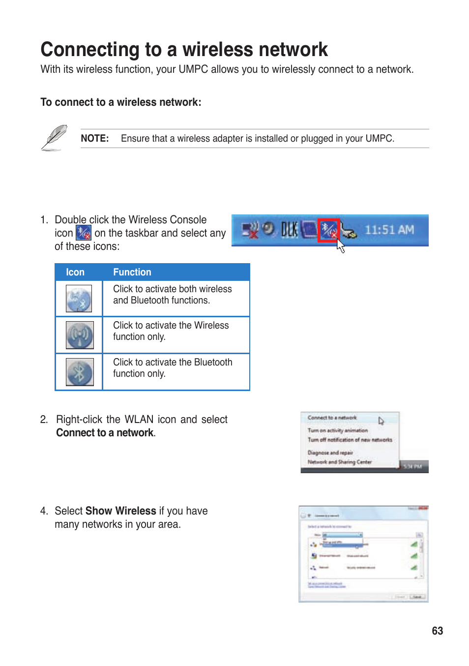 Connecting to a wireless network | Asus R50A User Manual | Page 63 / 76