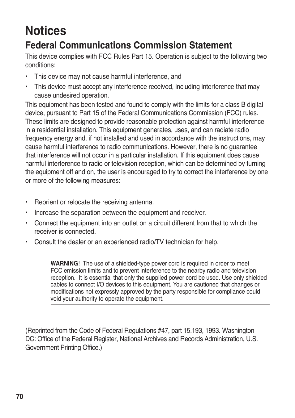 Notices, Federal communications commission statement | Asus R50A User Manual | Page 70 / 76