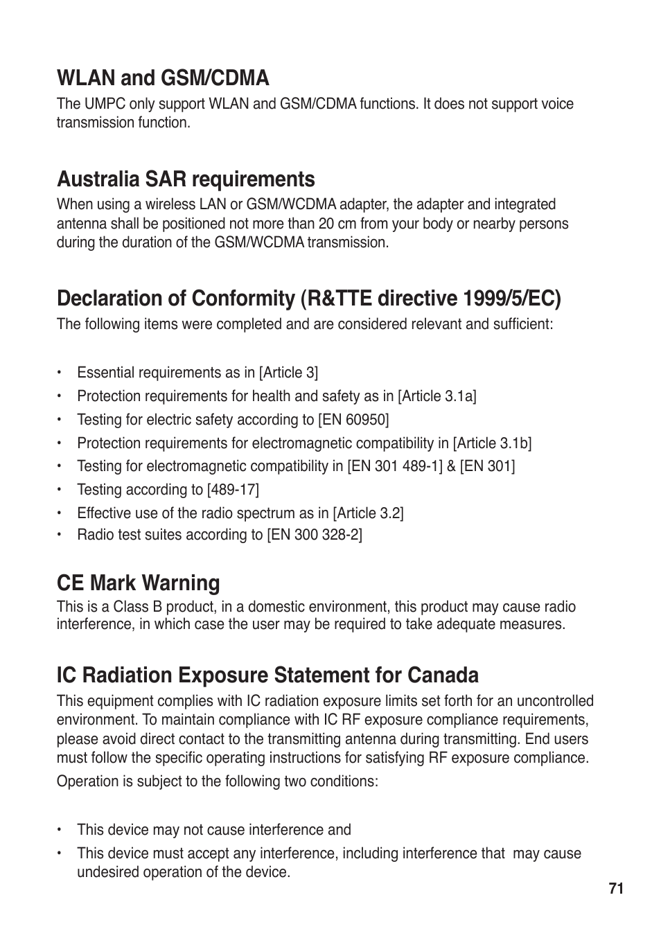 Wlan and gsm/cdma, Australia sar requirements, Ce mark warning | Ic radiation exposure statement for canada | Asus R50A User Manual | Page 71 / 76