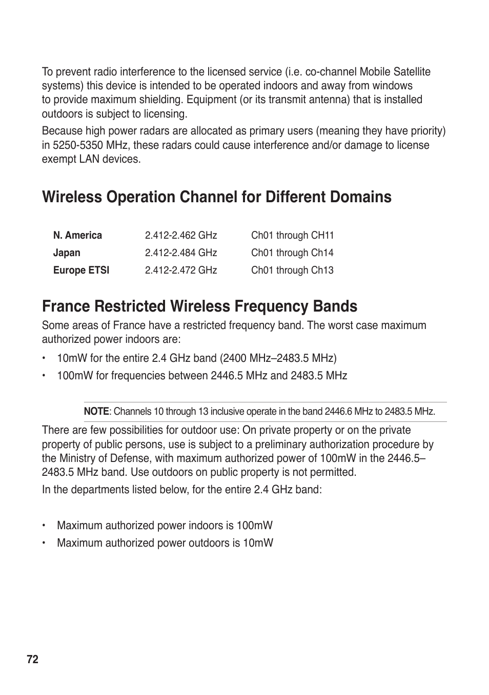 Wireless operation channel for different domains, France restricted wireless frequency bands | Asus R50A User Manual | Page 72 / 76