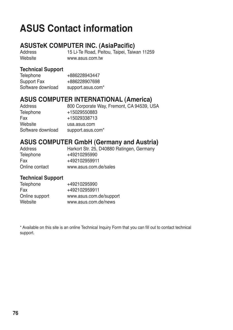 Asus contact information, Asustek computer inc. (asiapacific), Asus computer international (america) | Asus computer gmbh (germany and austria) | Asus R50A User Manual | Page 76 / 76