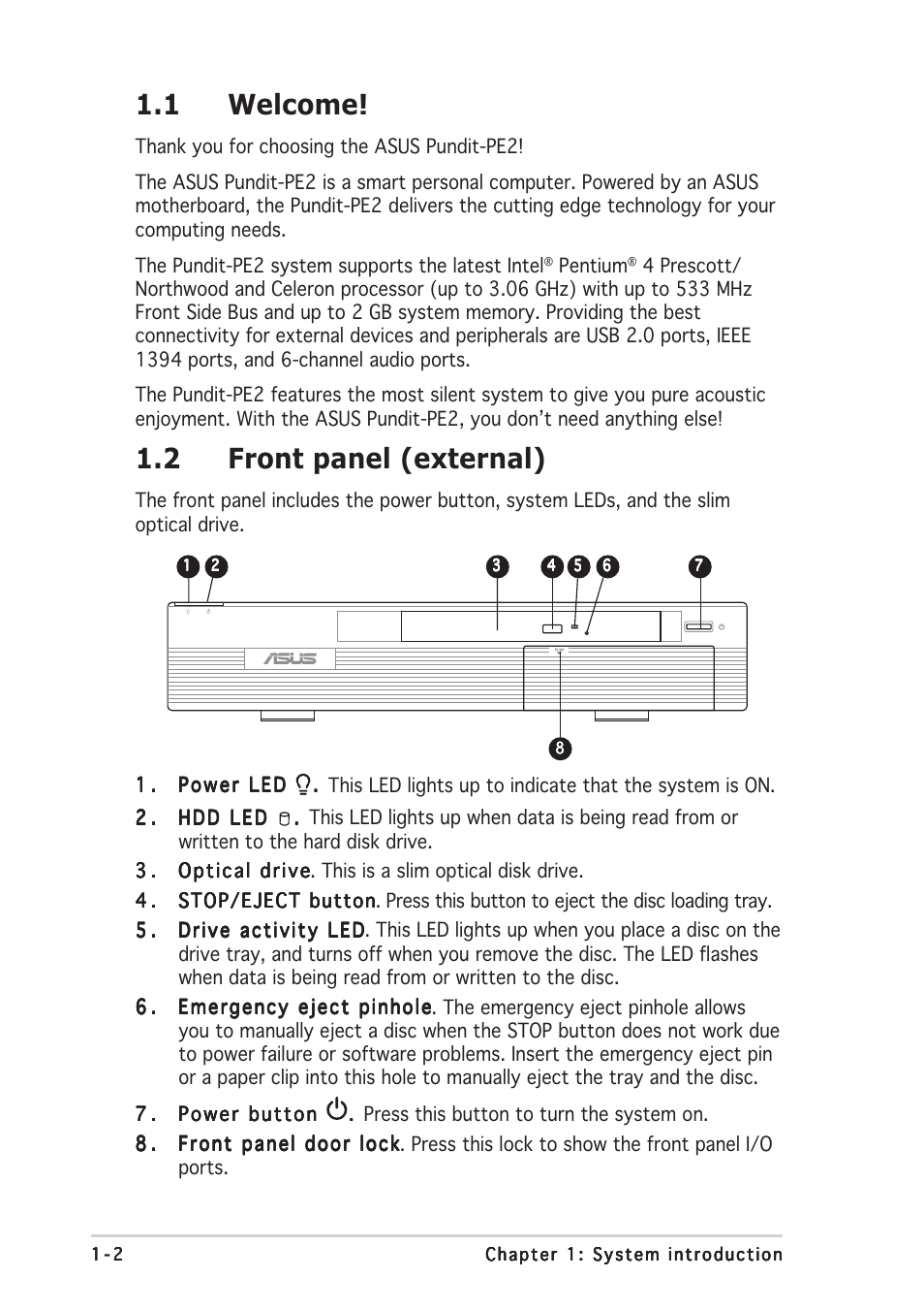 1 welcome, 2front panel (external) | Asus Pundit P2-PE2 User Manual | Page 12 / 76