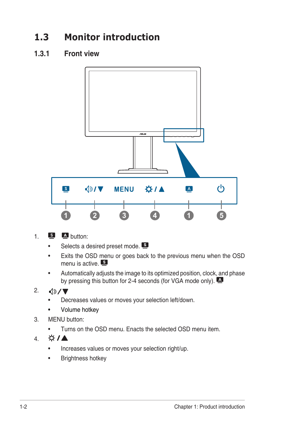 3 monitor introduction, 1 front view, Monitor.introduction -2 1.3.1 | Front view -2, Front.view | Asus VE228TL User Manual | Page 10 / 23