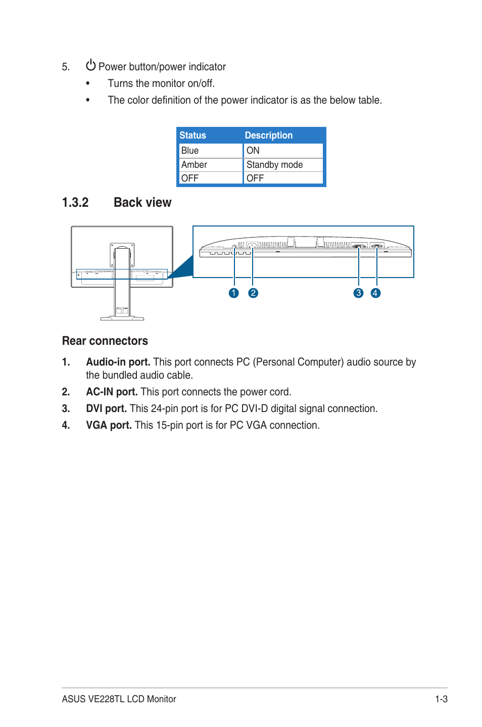 2 back view, Back view -3, Rear connectors | Asus VE228TL User Manual | Page 11 / 23