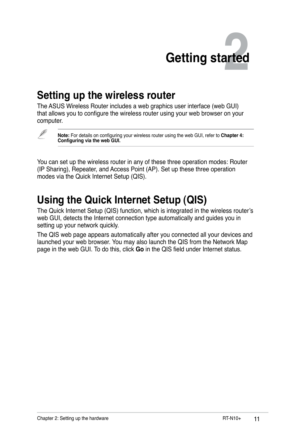 Getting started, Setting up the wireless router, Using the quick internet setup (qis) | Asus RT-N10 Plus (VER.D1) User Manual | Page 11 / 53