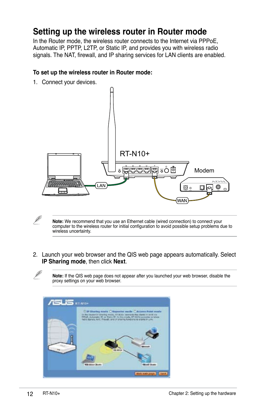 Setting up the wireless router in router mode, Rt-n10 | Asus RT-N10 Plus (VER.D1) User Manual | Page 12 / 53