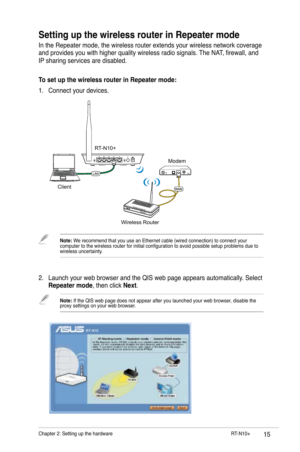Setting up the wireless router in repeater mode | Asus RT-N10 Plus (VER.D1) User Manual | Page 15 / 53