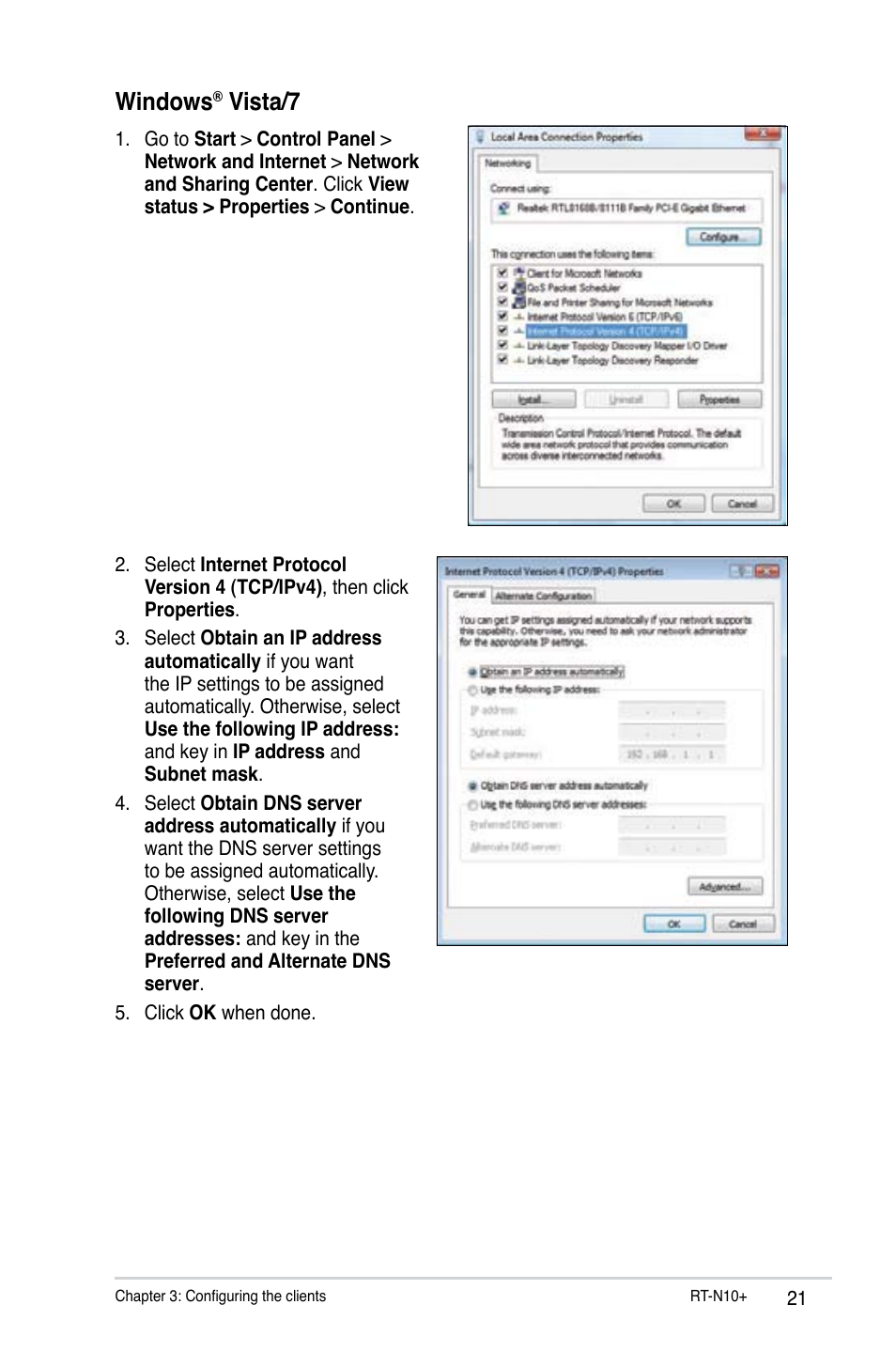 Windows, Vista/7 | Asus RT-N10 Plus (VER.D1) User Manual | Page 21 / 53