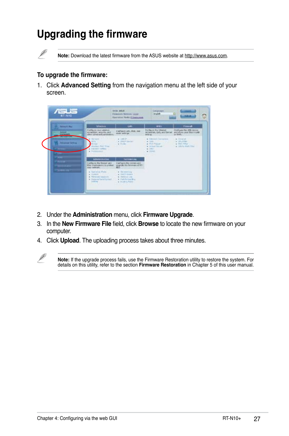 Upgrading the firmware | Asus RT-N10 Plus (VER.D1) User Manual | Page 27 / 53