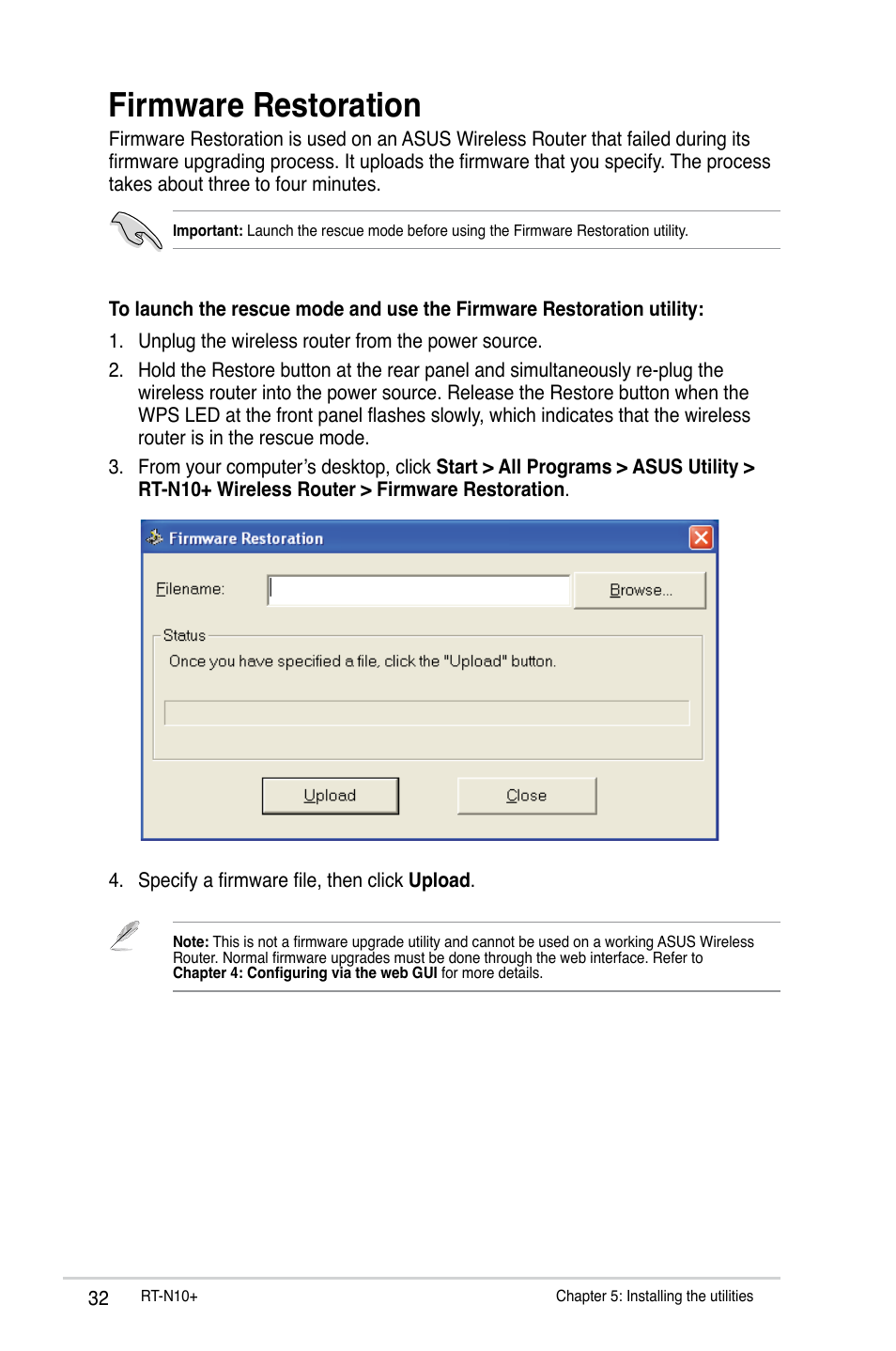 Firmware restoration | Asus RT-N10 Plus (VER.D1) User Manual | Page 32 / 53