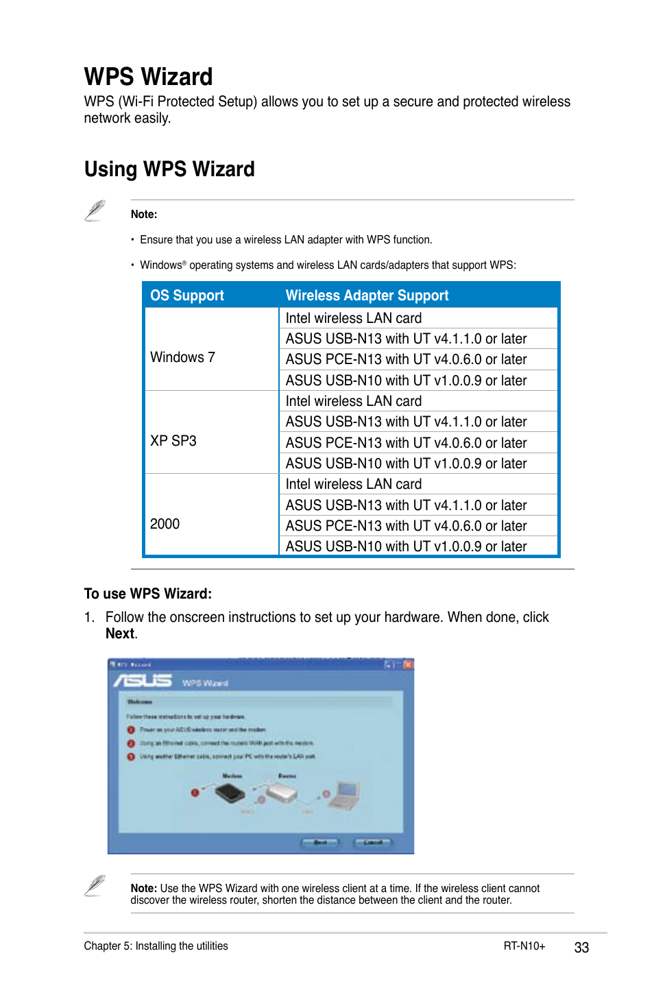 Wps wizard, Using wps wizard | Asus RT-N10 Plus (VER.D1) User Manual | Page 33 / 53