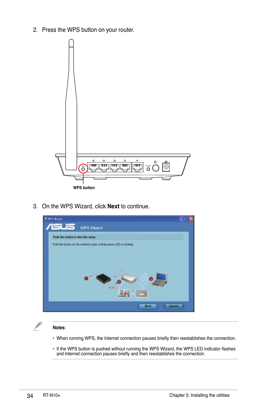 Press the wps button on your router, On the wps wizard, click next to continue | Asus RT-N10 Plus (VER.D1) User Manual | Page 34 / 53