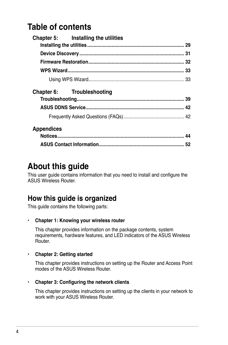 About this guide, How this guide is organized, Table of contents about this guide | Asus RT-N10 Plus (VER.D1) User Manual | Page 4 / 53