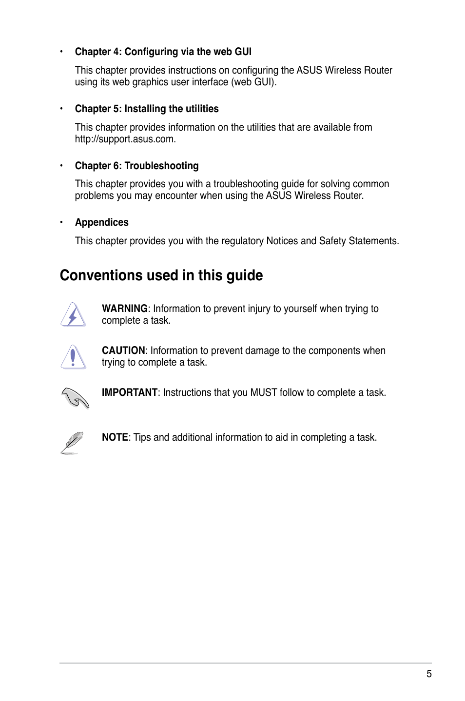 Conventions used in this guide | Asus RT-N10 Plus (VER.D1) User Manual | Page 5 / 53