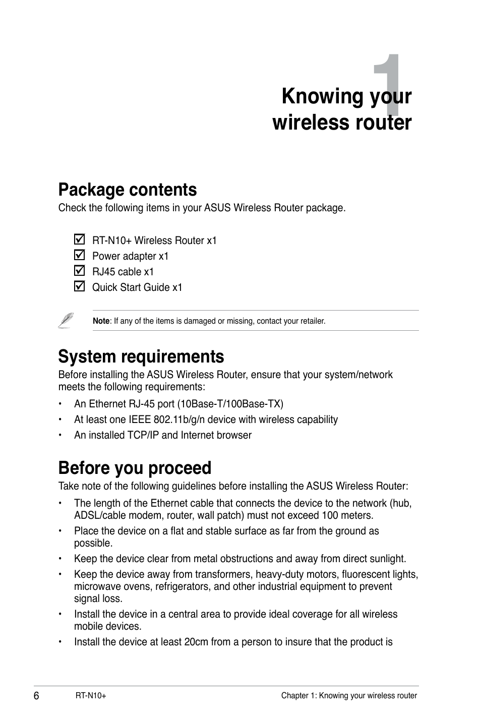 Knowing your wireless router, Package contents, System requirements | Before you proceed | Asus RT-N10 Plus (VER.D1) User Manual | Page 6 / 53