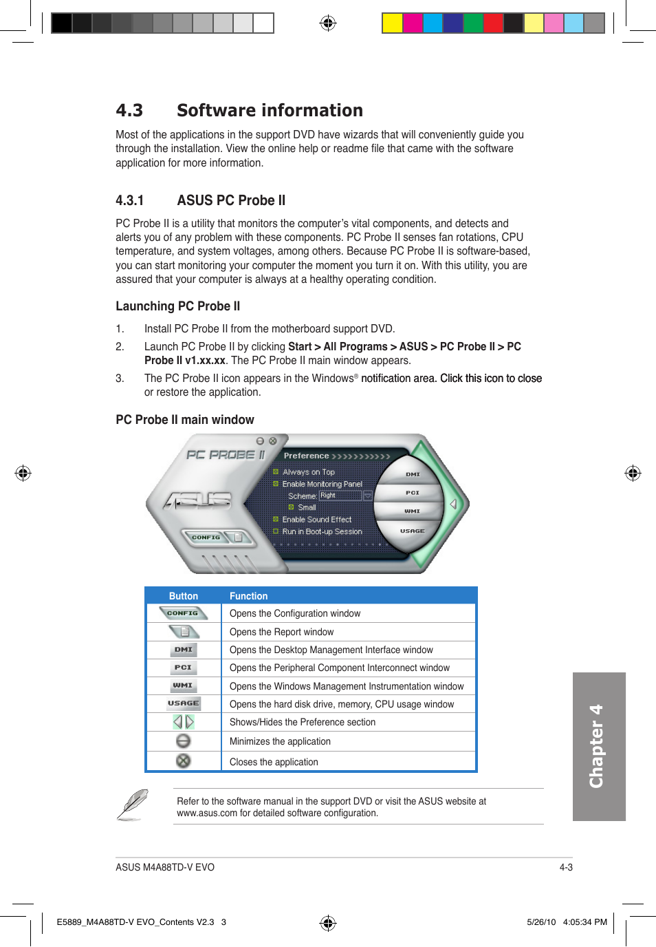 Chapter 4, 3 software information, 1 asus pc probe ii | Asus M4A88TD-V EVO/USB3 User Manual | Page 103 / 128