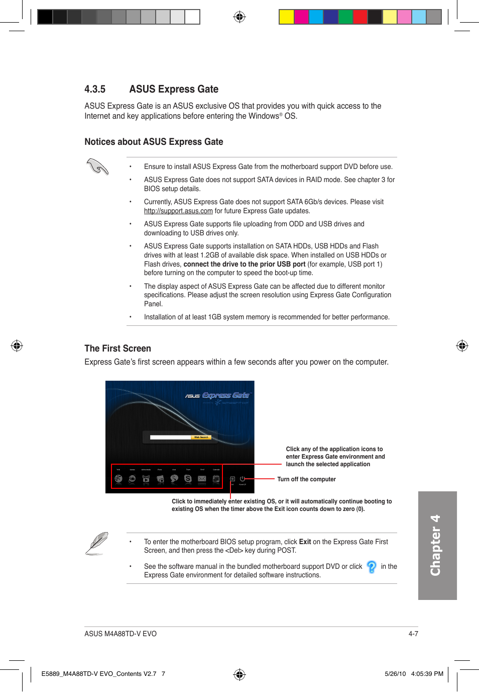 Chapter 4, 5 asus express gate, Notices about asus express gate | The first screen | Asus M4A88TD-V EVO/USB3 User Manual | Page 107 / 128