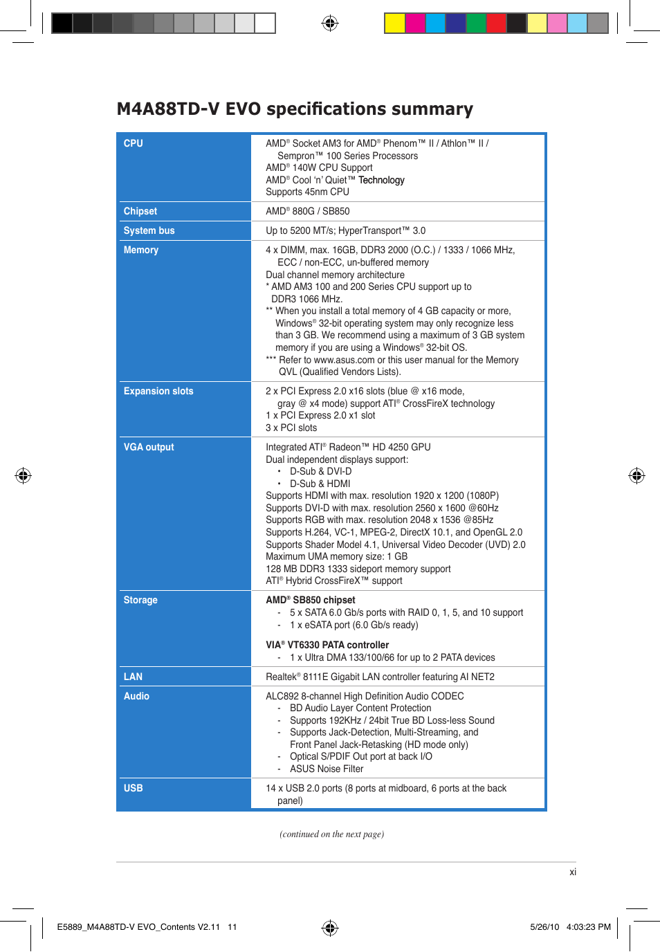 M4a88td-v evo specifications summary | Asus M4A88TD-V EVO/USB3 User Manual | Page 11 / 128