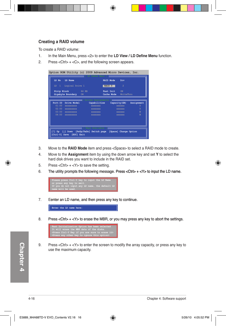 Chapter 4, Creating a raid volume | Asus M4A88TD-V EVO/USB3 User Manual | Page 116 / 128